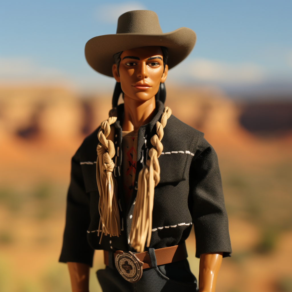Native American Ken wearing a wide-brimmed hat, a thick braided rope around his neck, a jacket, and a thick leather belt with wide buckle
