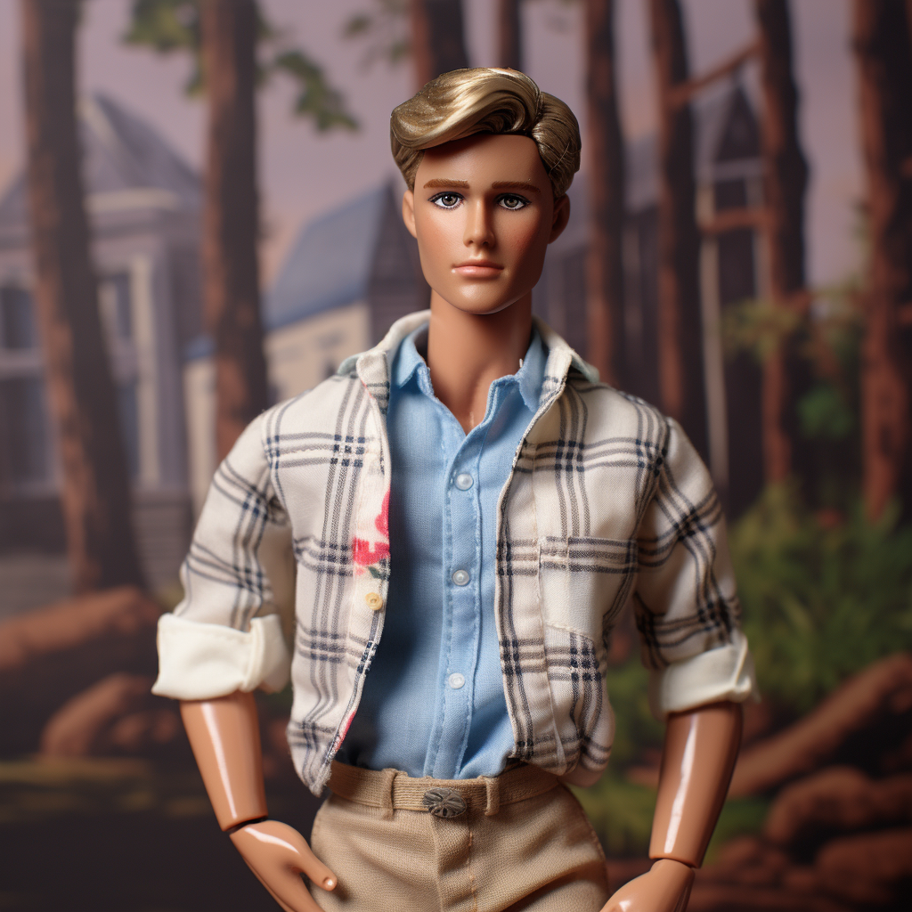 Blonde Ken wearing a plaid jacket with rolled-up sleeves and shirt