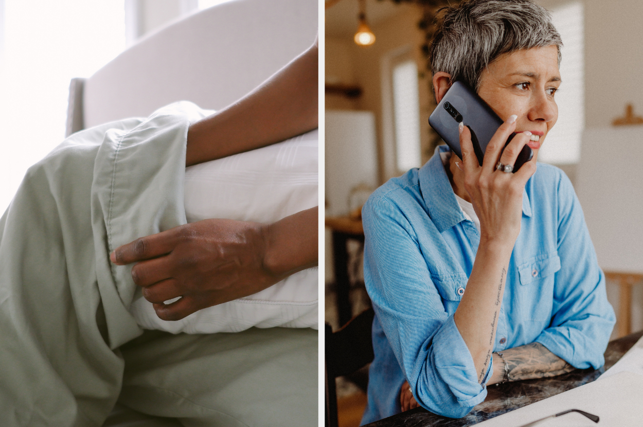 A person putting a pillowcase on a pillow, a woman talking on a cellphone