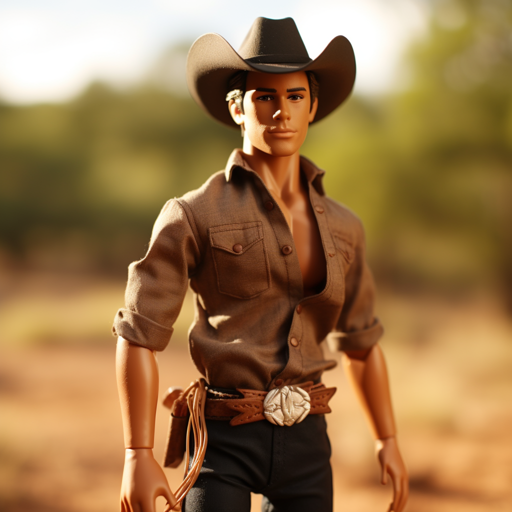 Brunette Ken wearing a wide-brimmed hat, a T-shirt with rolled-up sleeves, jeans, and a belt with wide buckle