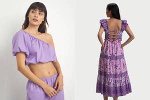 A model wearing purple set and a model wearing a purple dress