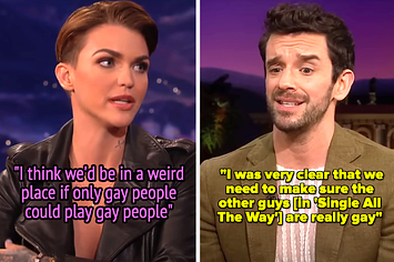 Ruby Rose thinks "we'd be in a weird place if only gay people could play gay roles," but Michael Urie was very clear that we need to make sure the other guys [in 'Single All The Way'] are really gay"