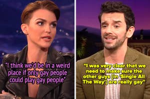 Ruby Rose thinks "we'd be in a weird place if only gay people could play gay roles," but Michael Urie was very clear that we need to make sure the other guys [in 'Single All The Way'] are really gay"