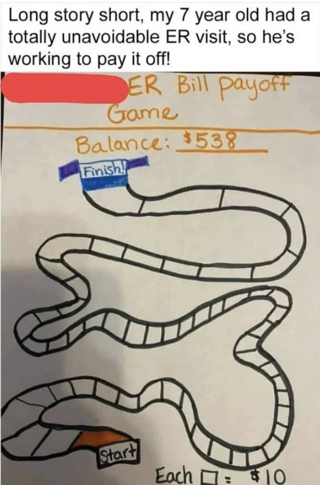 Payment plan for child&#x27;s &quot;totally unavoidable ER visit&quot; turned into a board game drawing; balance: $538
