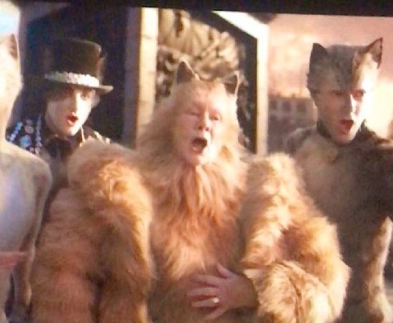 An image of Judi Dench in the film Cats, where her hand has not been CGI edited and can be seen in all its human glory with a wedding ring on!