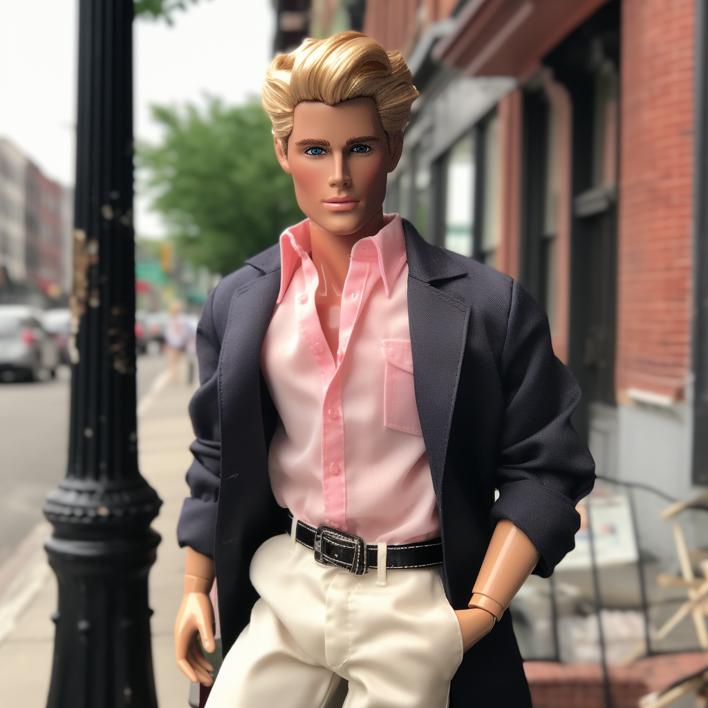 Blonde Ken wearing a light coat and shirt