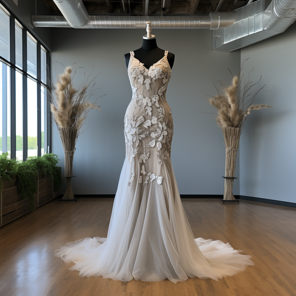 A sleeveless fit and flare wedding with a v-beck, floral lace all over the bodice and part of the skirt, and a tulle skirt
