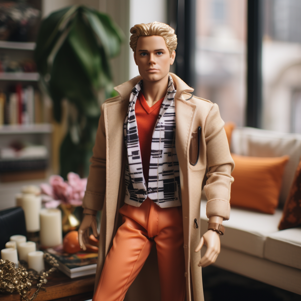 Blonde Ken wearing a coat, a scarf, a shirt, and pants