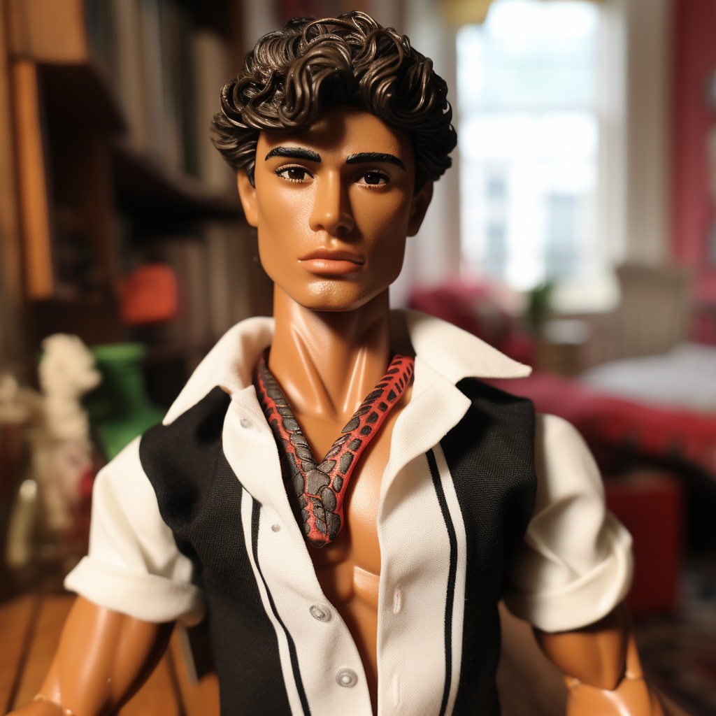 Brunette Ken wearing an unbuttoned shirt with rolled-up sleeves, showing a bare chest, and a thick necklace