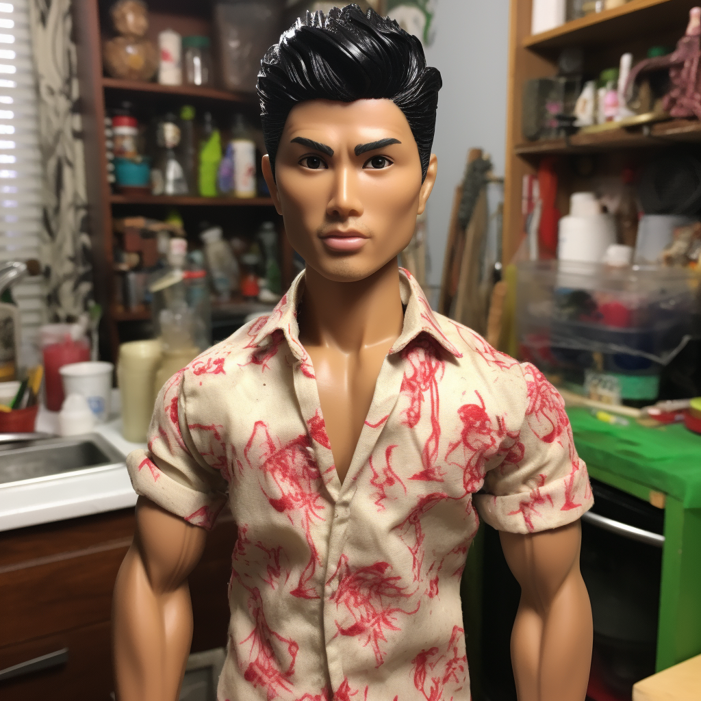 Asian–Pacific Islander Ken wearing a print T-shirt with rolled-up sleeves