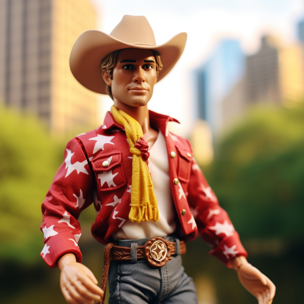 Blonde Ken wearing a wide-brimmed hat, star-print jacket, a shirt, and jeans with a wide belt buckle