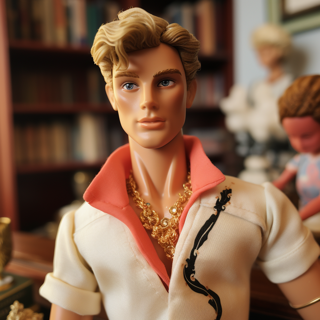 Blonde Ken wearing a shirt with rolled-up sleeves and a thick golden necklace