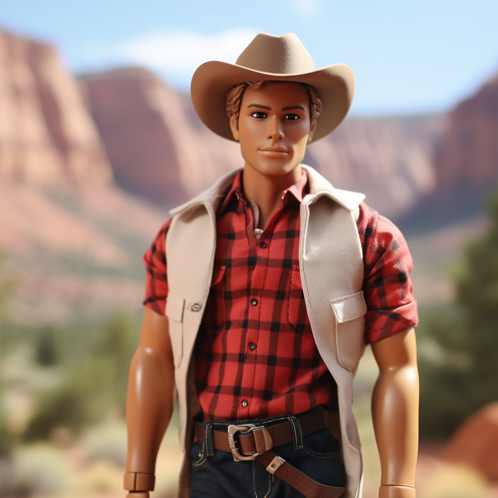 Blonde Ken wearing a wide-brimmed hat, a vest, a plaid shirt, and jeans