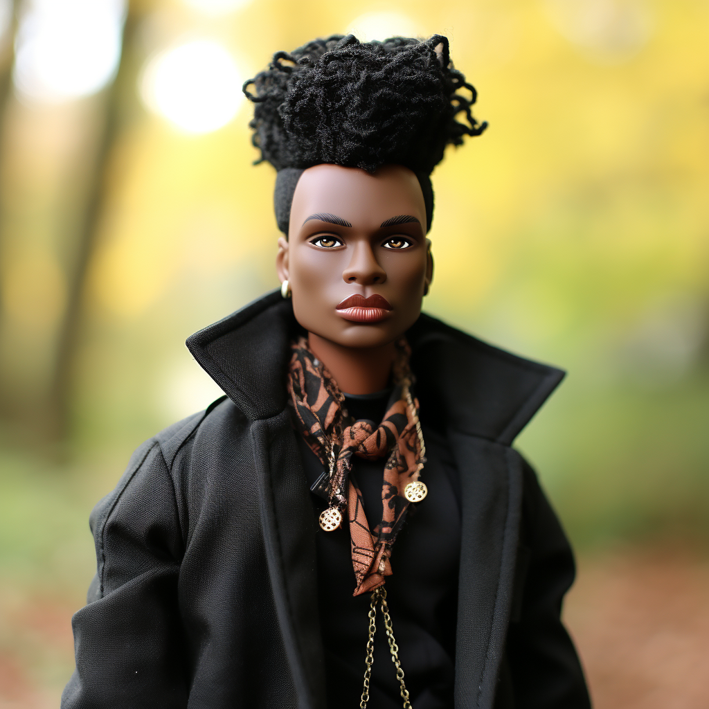 Black Ken wearing an updo, small earrings, a coat, and a small print scarf