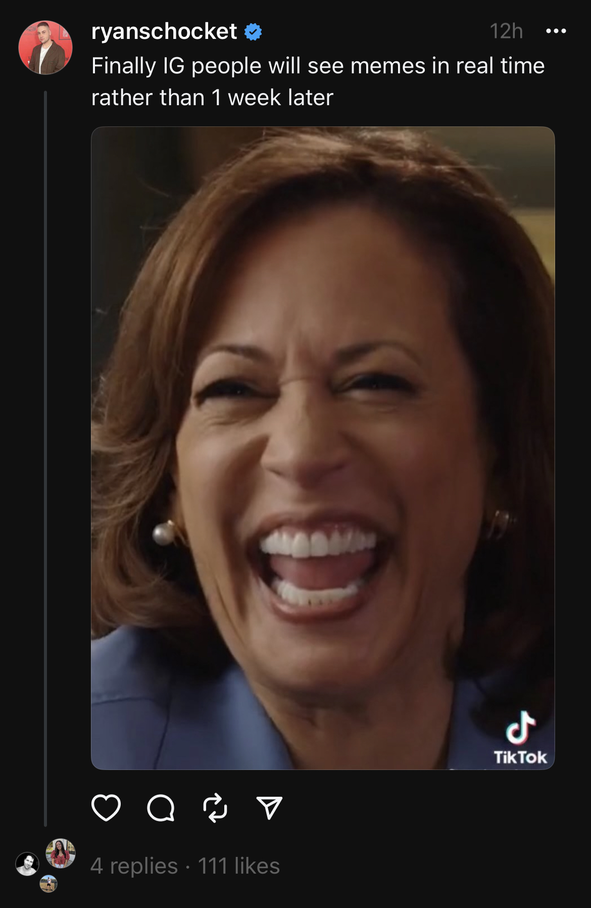 A thread showing VP Kamala Harris smiling widely with the caption, &quot;Finally IG people will see memes in real time rather than 1 week later&quot;