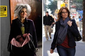 Tina Fey dressed as an old homeless woman in the left photo and she walks on the pavement in the right photo