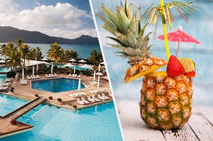A resort pool and a pineapple with a party umbrella in it. 