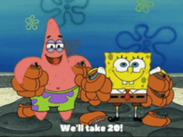 Patrick and Spongebob holding lots of bags and saying &quot;we&#x27;ll take 20!&quot;