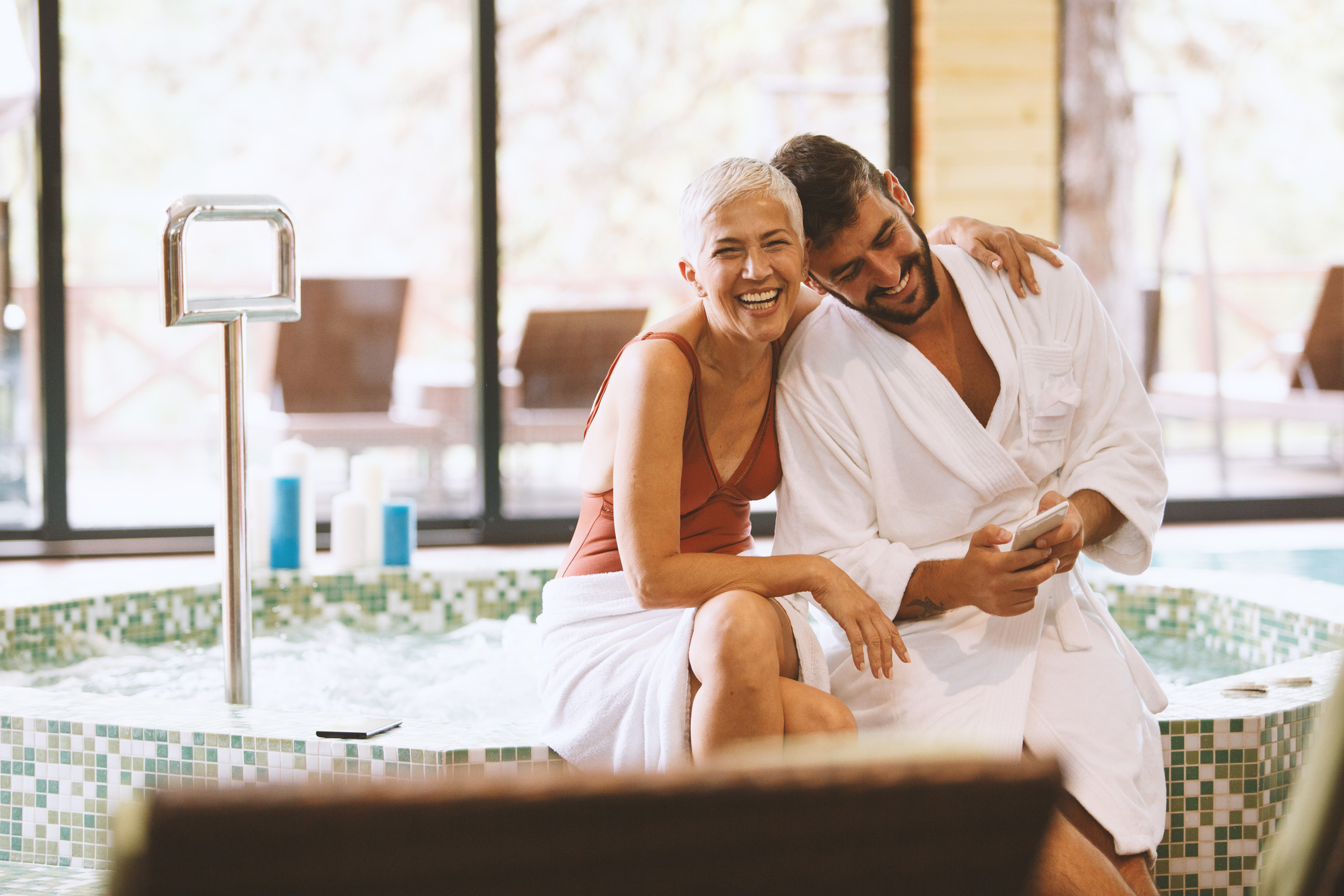 older woman and younger man at the spa