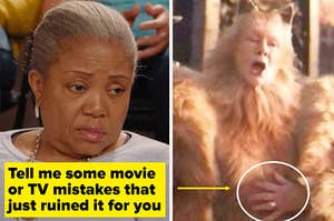 A split thumbnail, with two images - one showing an unimpressed looking older woman and one showing an image of Judi Dench as a cat with a human hand