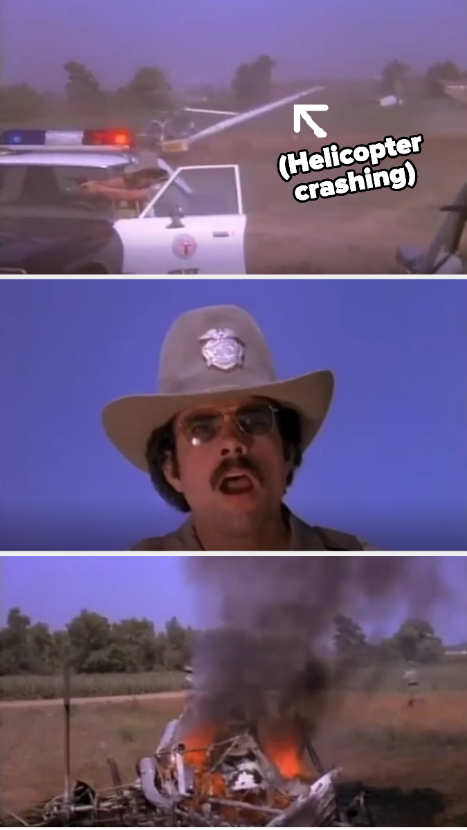 Series of three images showing scenes from a movie: a police car with siren on and a helicopter crashing, a moustached man in a sheriff&#x27;s hat, and a helicopter wreck on fire