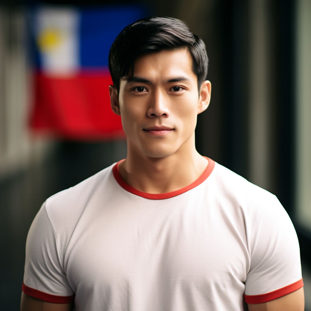 A dark-haired man in a white shirt with a blurry version of the Philippines flag behind him