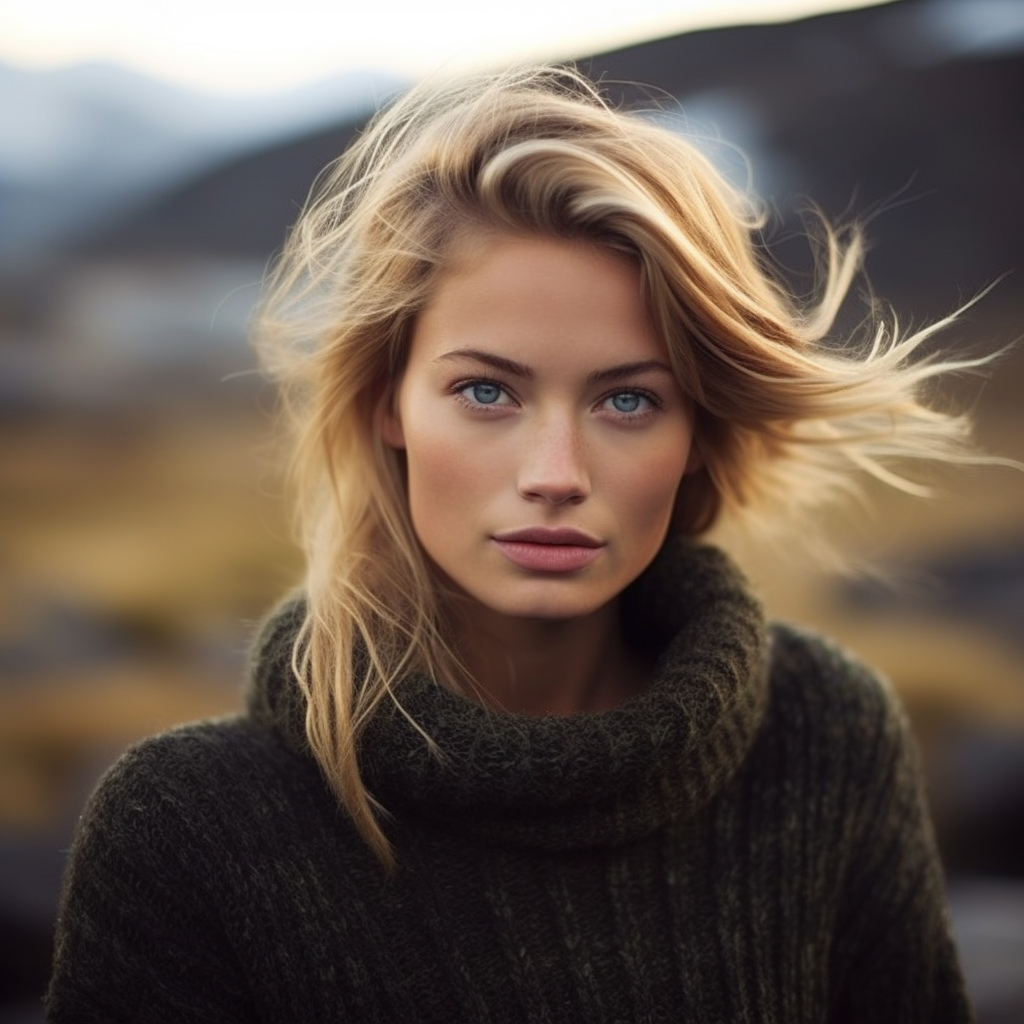 A blonde woman outside and wearing a thick sweater with a loose turtleneck collar