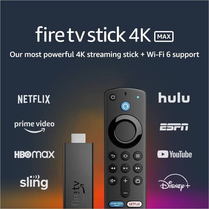 the fire tv stick 4k max with text that says &quot;our most powerful 4k streaming stick + wifi 6 support&quot;