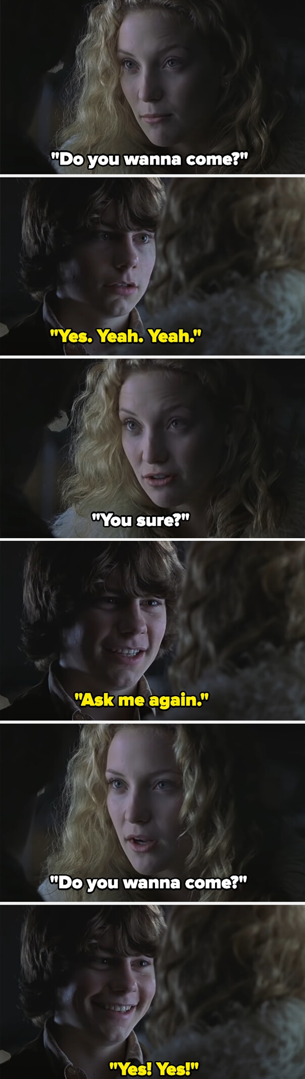 A film scene featuring Jude Law and Gretchen Mol. Gretchen asks, &quot;Do you wanna come?&quot; Jude replies enthusiastically, &quot;Yes. Yeah. Yeah!&quot; and &quot;Yes! Yes!&quot;