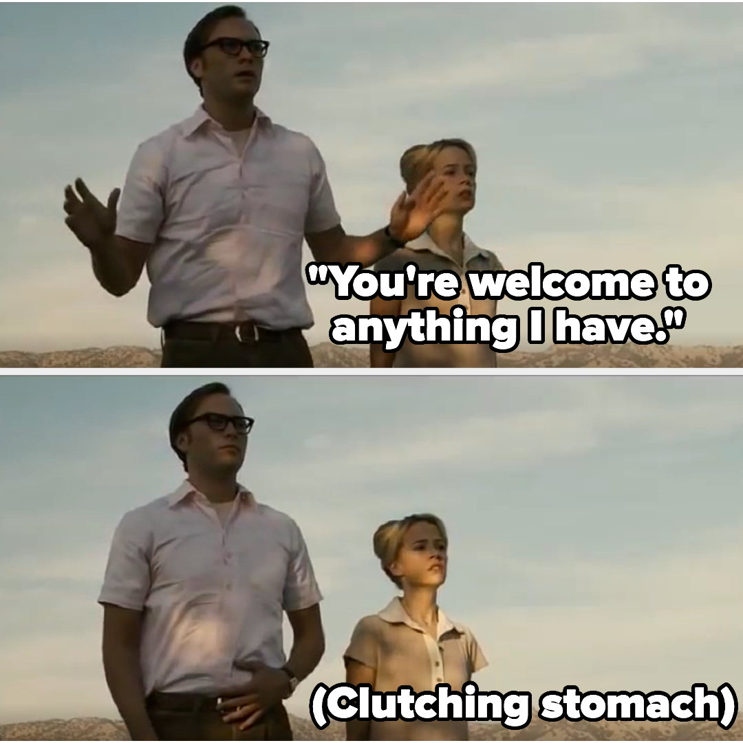 Top: Man and woman standing; man says, &quot;You&#x27;re welcome to anything I have.&quot; Bottom: Man clutches stomach, and woman stands beside him