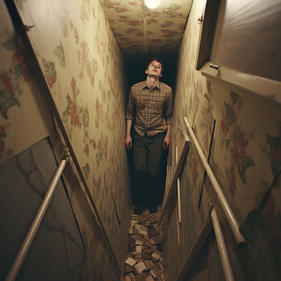 A person crouched slightly in a very tight hallway, with walls on either side of them, debris on the floor, and one bald light bulb above them