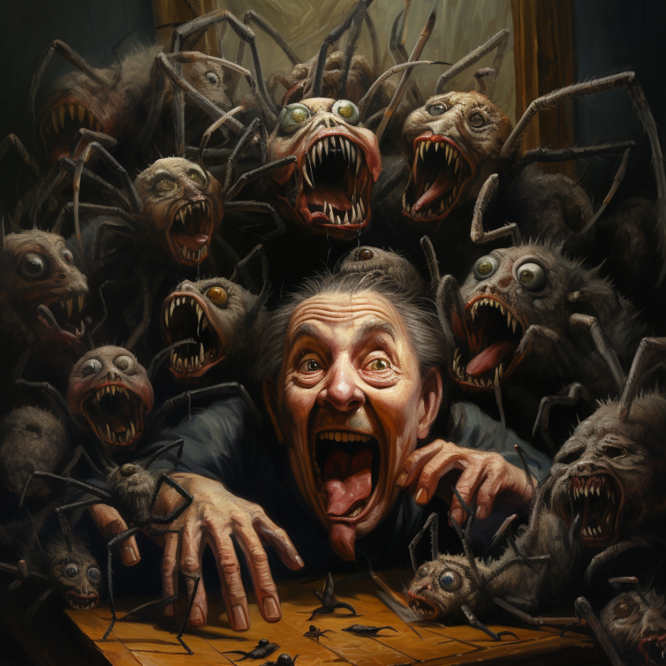 Person with their mouth wide open surrounded by ghouls with sharp teeth and a few spiders with scary faces