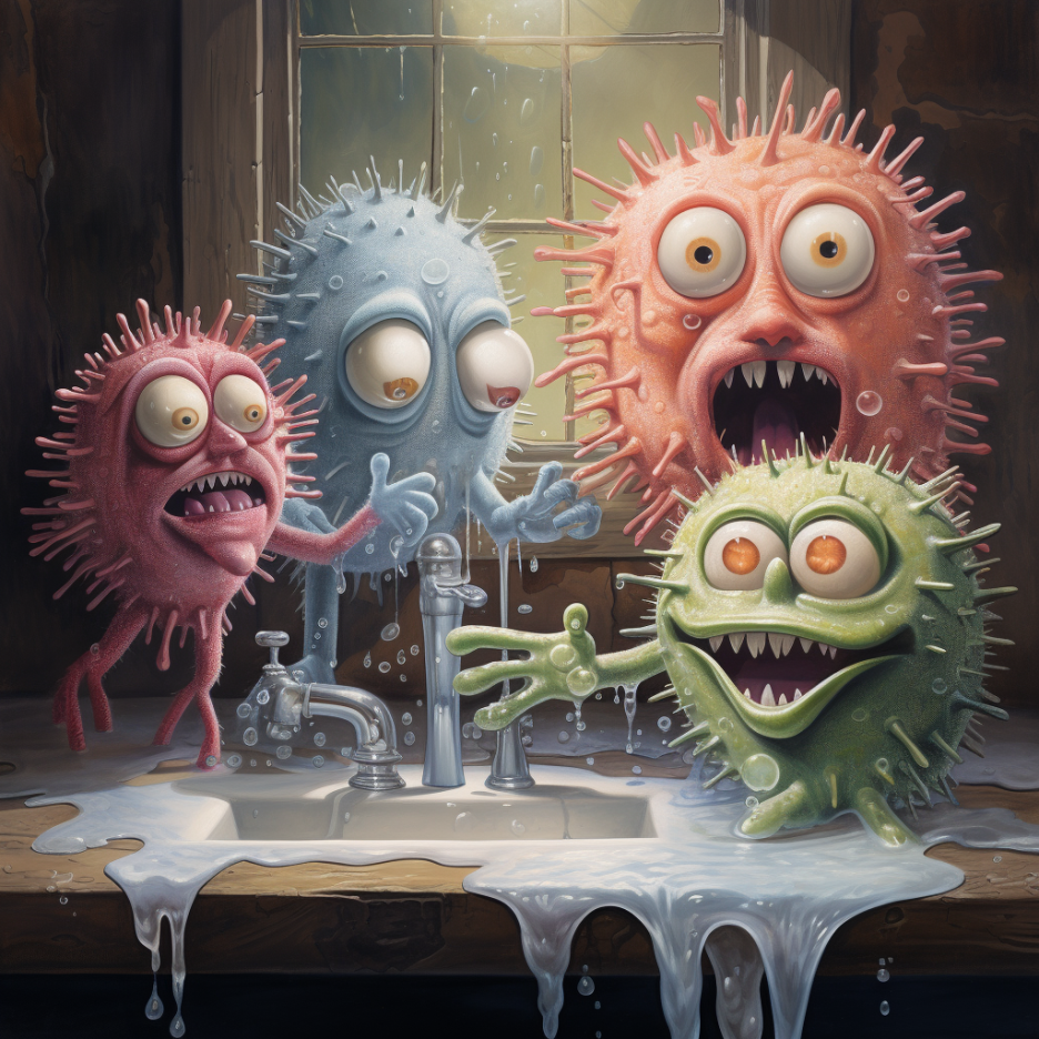 Four different-colored animated &quot;germs&quot; with spikes emerging from their heads, bulging eyes, and sharp teeth stand on an overflowing sink