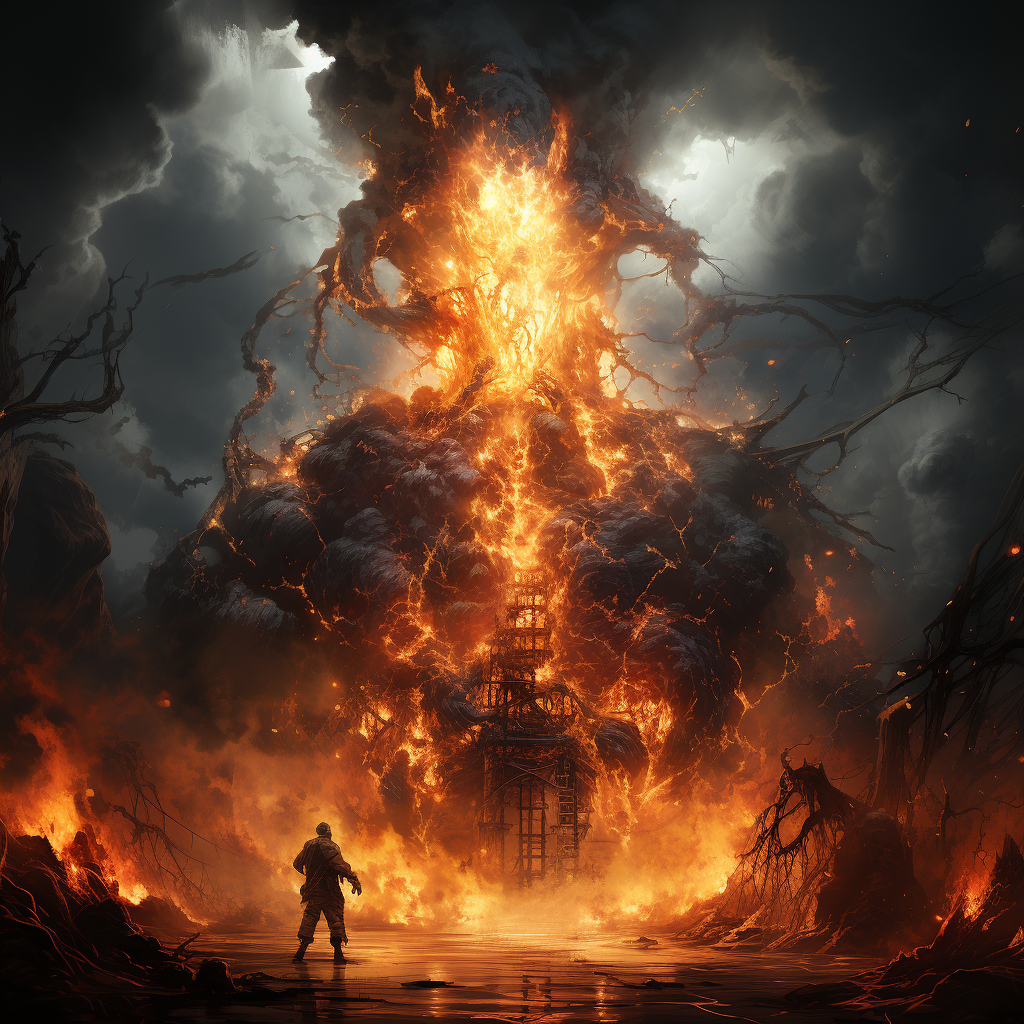 A figure standing in front of a huge fire extending to the sky