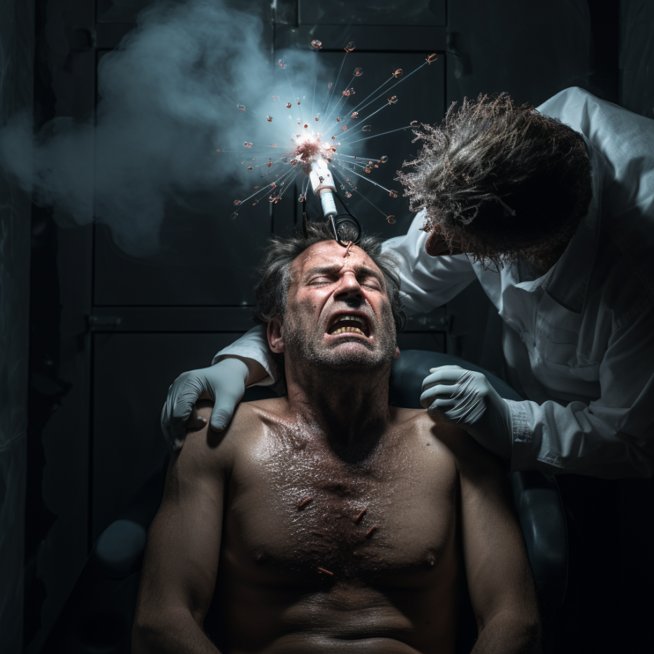 A bare-chested man with wounds on his chest is grimacing as what looks like a hook digs into his forehead and a person wearing surgical gloves leans over him