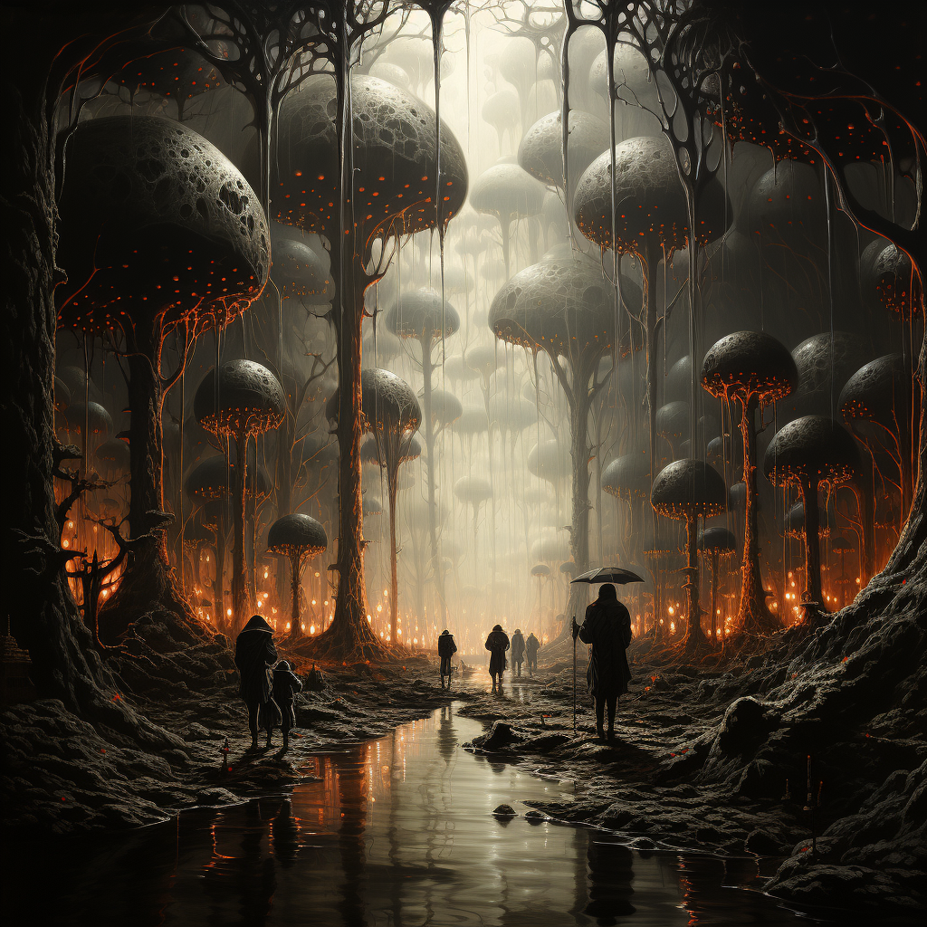 Shadowy figures walking along a stream in the middle of a forest with large, mushroom-shaped trees