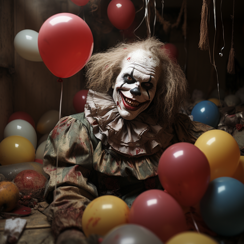 A smiling clown with wild hair and scary makeup, surrounded by balloons