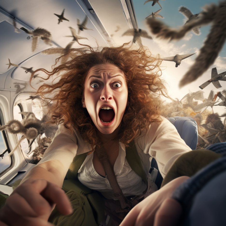 A woman with her mouth wide open in a scream and her long hair loose sits up in a plane seat as objects fly around her