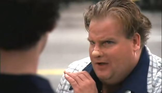 Farley in a scene from Dirty Work where the tip of his nose has been surgically repaired