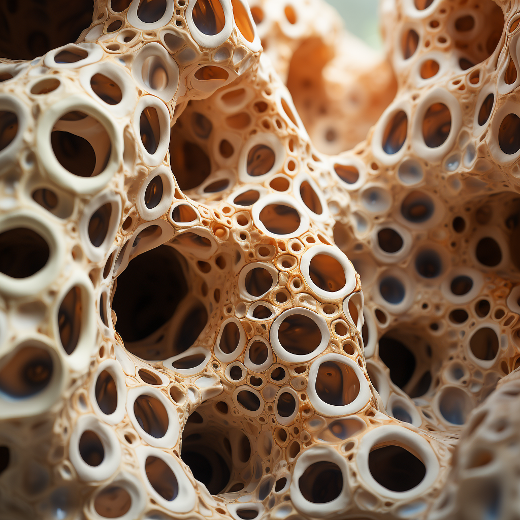 Close-up of a porous surface with narrow, winding holes and pathways of different sizes