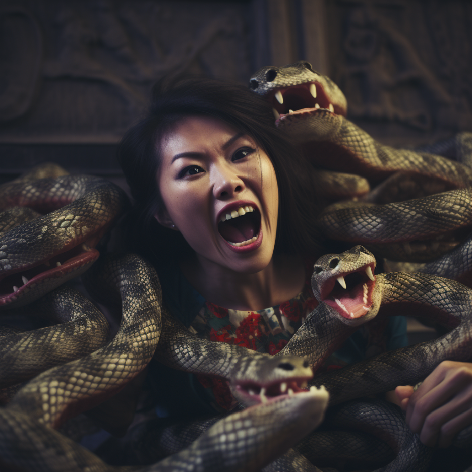 An Asian–Pacific Islander woman opens her mouth wide in a scream as snakes curl around her face, neck, and upper body