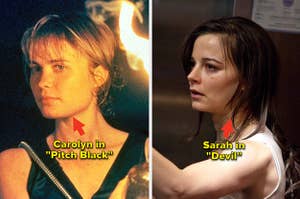 Rhiana Griffith and Radha Mitchell are illuminated by lit torches / Bojana Novakovic defensively holds a shard of glass on an elevator