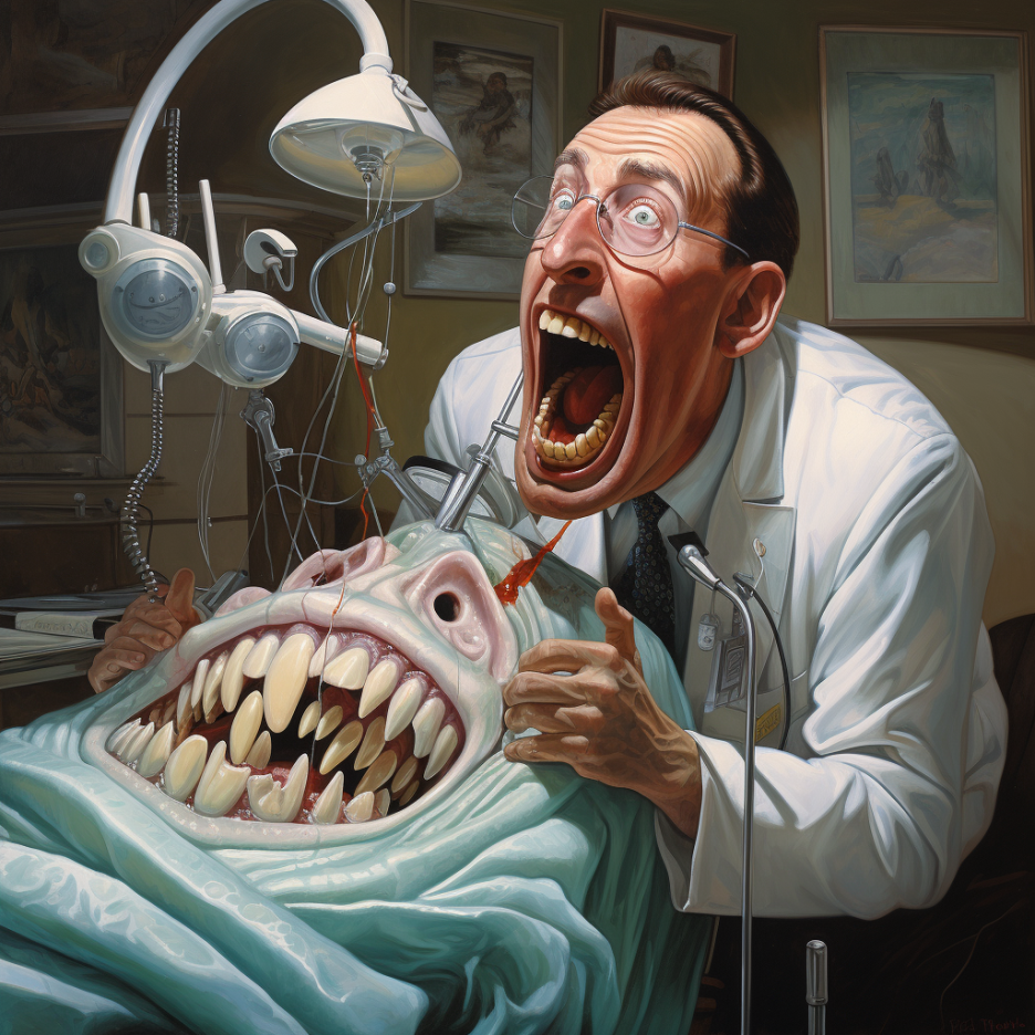 A dentist with his mouth wide open in a scream stands behind what looks like a monster with an enormous mouth and many, many teeth that is in the chair