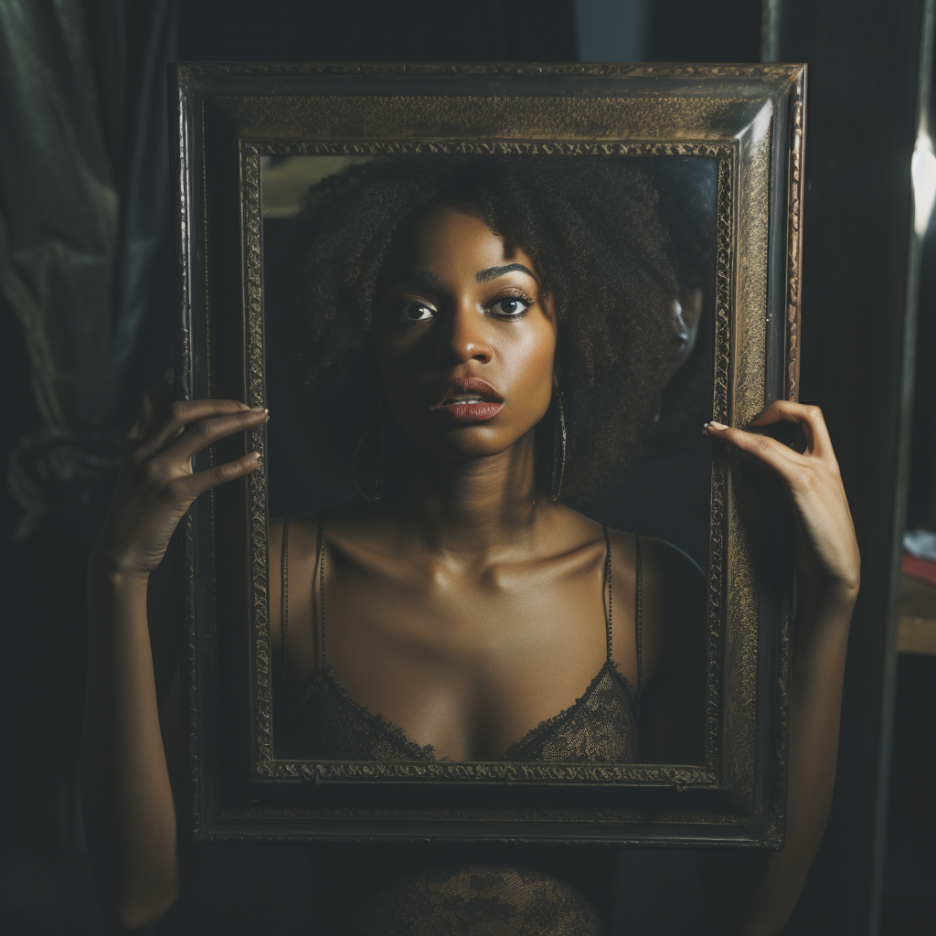A Black woman&#x27;s face, neck, and shoulders inside a picture frame she&#x27;s holding up