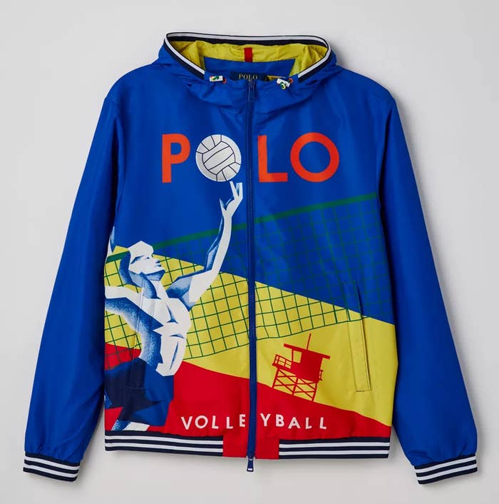 A nylon Polo Ralph Lauren jacket featuring a art-deco inspired print of a man playing volleyball from their summer 2023 line.
