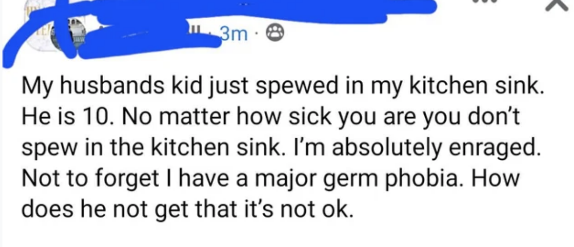 &quot;My husband&#x27;s kid just spewed in my kitchen sink, he is 10; no matter how sick you are you don&#x27;t spew in the kitchen sink. I&#x27;m absolutely enraged; not to forget I have a major germ phobia; how does. he not get that it&#x27;s not OK&quot;