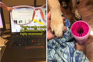 on left, pink blue light blocking glasses in front of laptop screen. on right, hand holding clean dog paw in front of pink paw washer