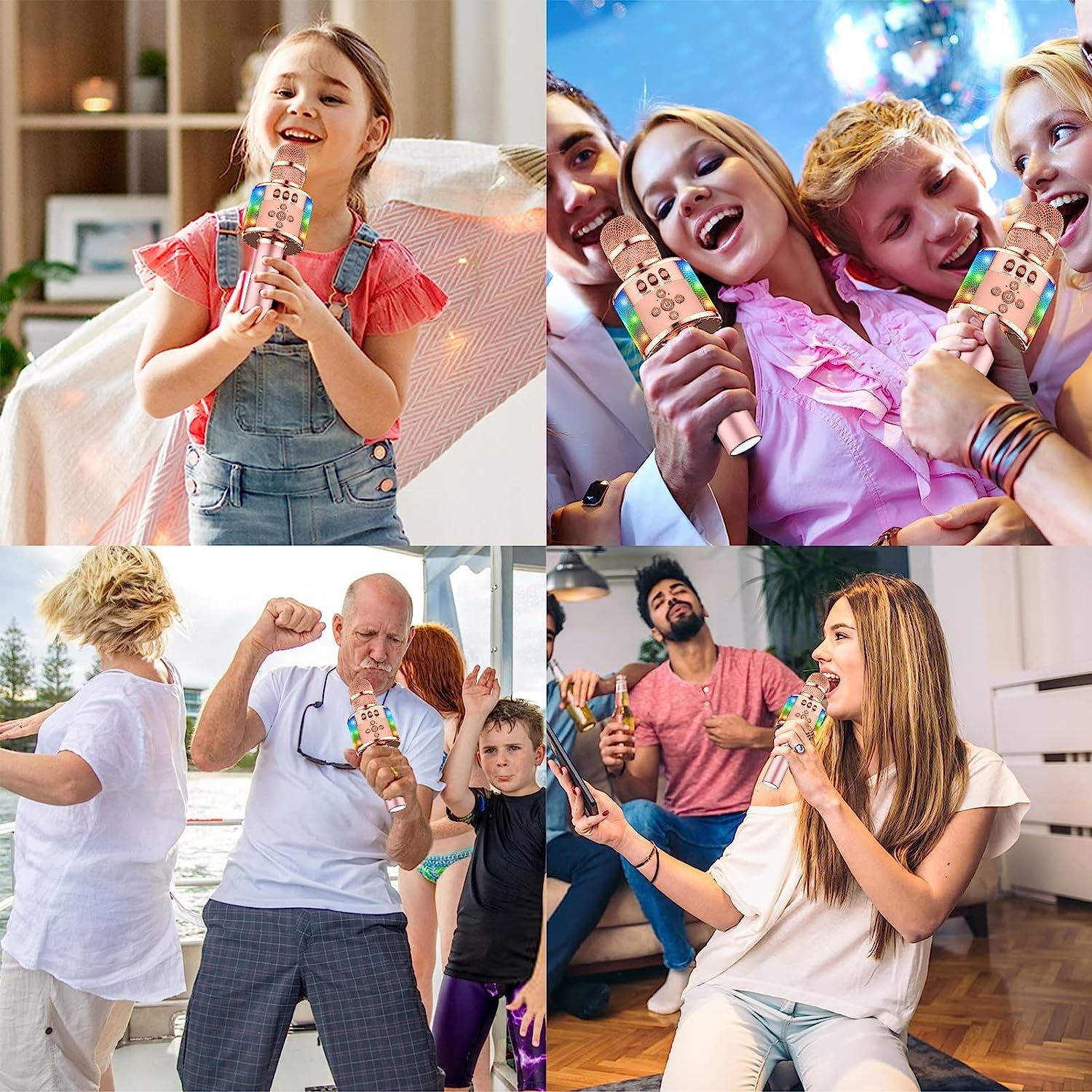 Quad image of kids and adults rocking out with light up karaoke microphone