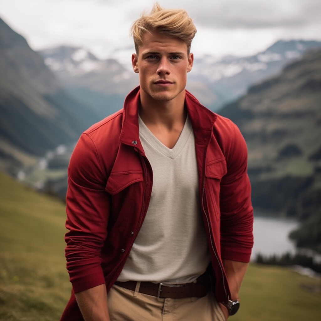 A blonde-haired man with a red jacket in front of the Swiss Alps