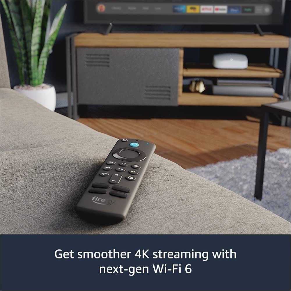 image of the fire stick remote with text that reads, &quot;get smoother 4k streaming with next-gen wi-fi 6&quot;